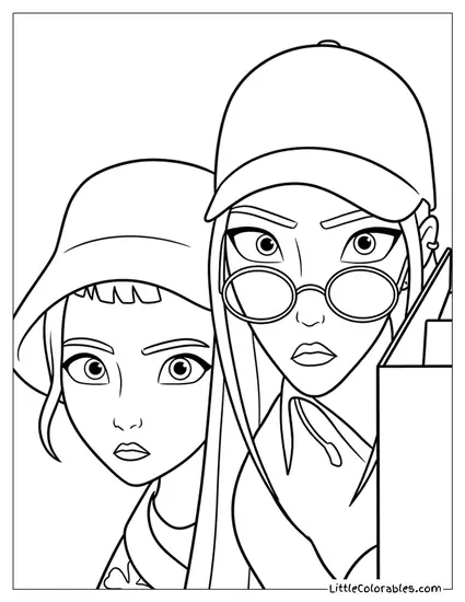 Huntrix Duo Wearing Glasses and Hats Coloring Page