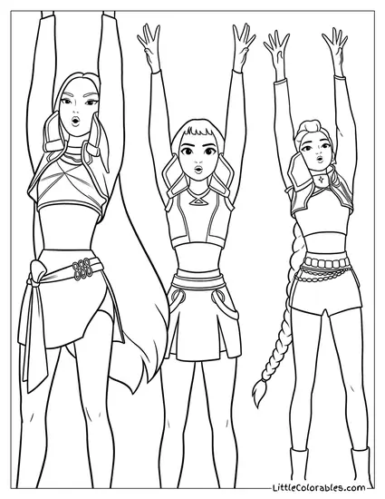 Huntrix Girls Cheering with Arms Raised High Coloring Page