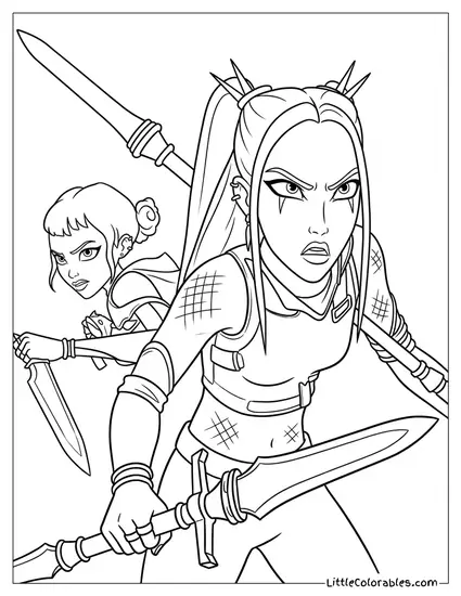 Huntrix Girls Holding Spear in Battle Stance Coloring Page