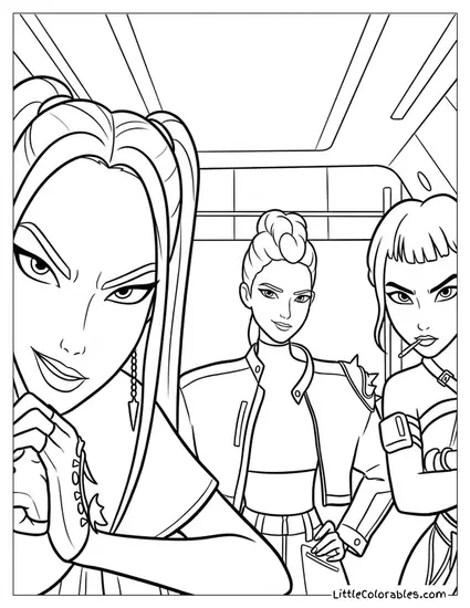 Huntrix Girls Staring Intensely at the Camera Coloring Page