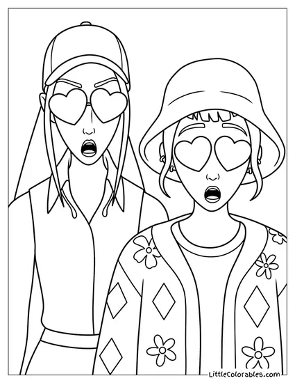 Huntrix Girls with Heart Eyes Looking Surprised Coloring Page