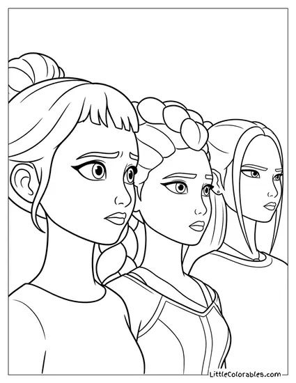 Huntrix Members Looking Off Camera in Thought Coloring Page