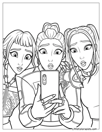 Huntrix Members Looking Shocked at a Smartphone Coloring Page