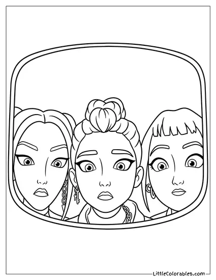 Huntrix Trio Peeking Through an Airplane Window Coloring Page