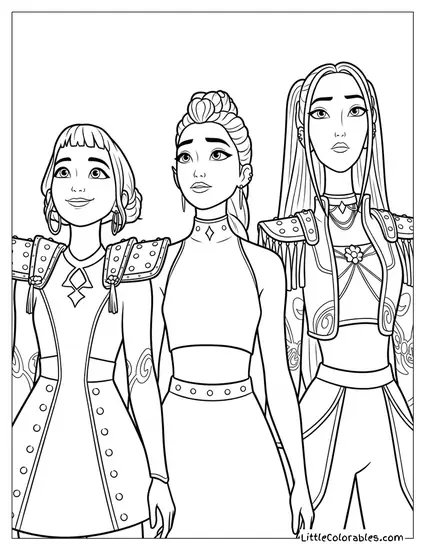 Huntrix Trio Standing Together in Cool Outfits Coloring Page