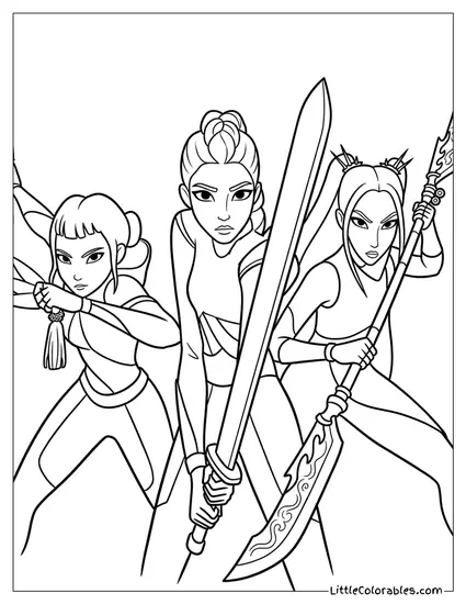 Huntrix Warrior Trio Ready with Giant Swords Coloring Page