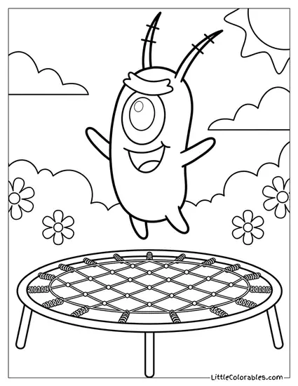 Kawaii Plankton Jumping High On Trampoline Coloring Page
