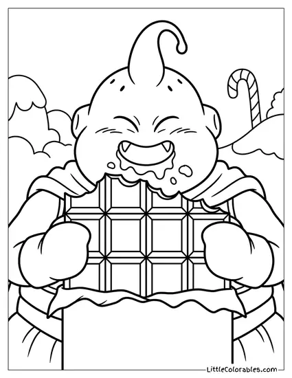 Kid Buu Eating a Chocolate Bar Coloring Page