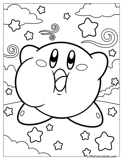 Kirby Inhaling Deeply with a Massive Puffed-out Cute Face Surrounded by Flying Stars Coloring Page