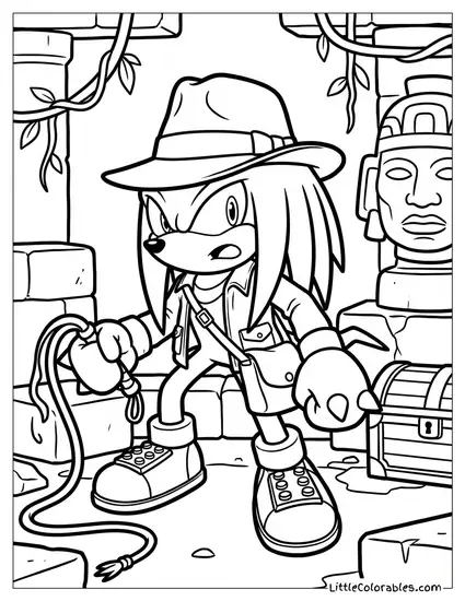 Knuckles Dressed as Indiana Jones Exploring a Temple Coloring Page