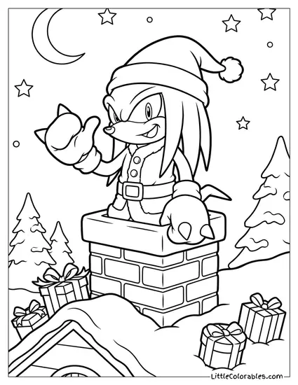 Knuckles Dressed as Santa Claus Getting Stuck in a Chimney Coloring Page
