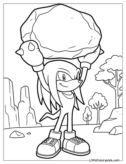 Knuckles Echidna Lifting a Massive Boulder Above His Head Coloring Page