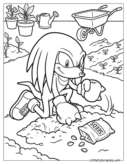 Knuckles Gardening and Punching the Dirt to Plant Seeds Coloring Page