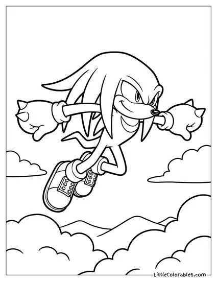 Knuckles Gliding Through the Air with Dreadlocks Flying Coloring Page