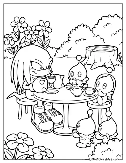 Knuckles Having a Tea Party with Chao Creatures Coloring Page