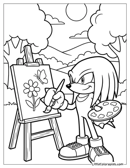 Knuckles Painting a Delicate Picture on an Easel Coloring Page
