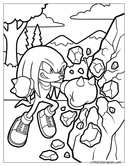 Knuckles Punching a Large Rock into Pieces Coloring Page
