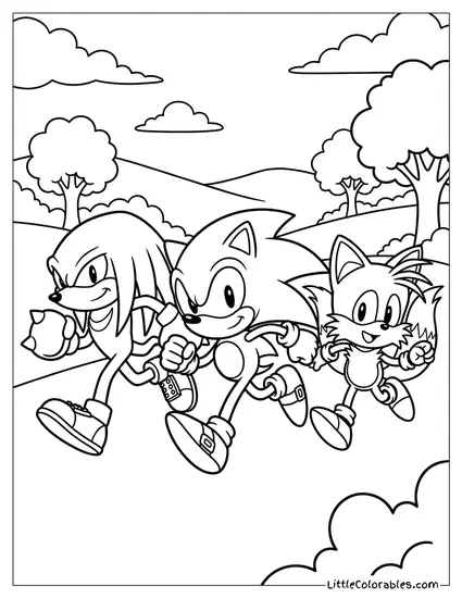 Knuckles Running Alongside Sonic and Tails Coloring Page
