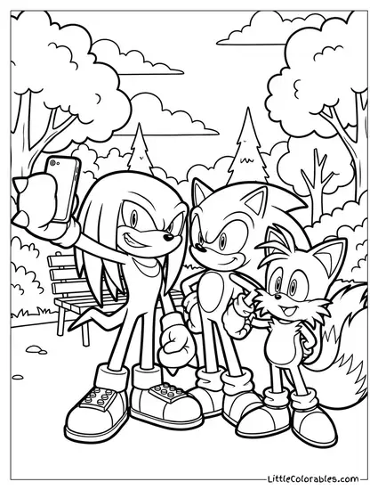 Knuckles Taking a Selfie with Sonic and Tails Coloring Page