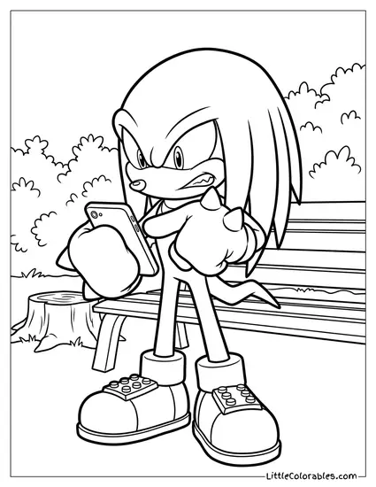 Knuckles Trying to Use a Smartphone with Giant Gloves Coloring Page