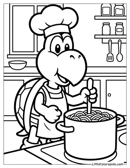 Koopa Troopa Dressed As A Chef Cooking Pasta Coloring Page