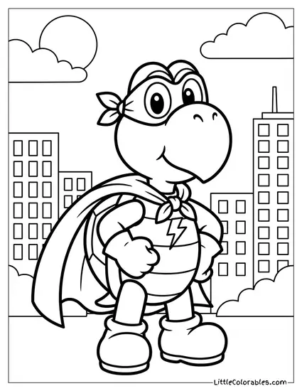 Koopa Troopa Dressed As A Superhero With A Cape Coloring Page