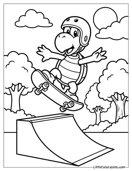 Koopa Troopa Skateboarding Doing A Trick Coloring Page