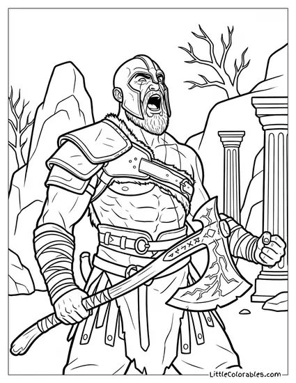 Kratos Wielding the Glowing Leviathan Axe While Howling a Furious Spartan Battle Cry Coloring Page
