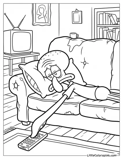 Lazy Squidward Trying to Reach a Remote Coloring Page