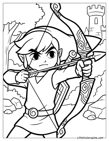 Link from The Legend of Zelda Nocking an Arrow in a Glowing Ancient Bow with Fierce Determination Coloring Page