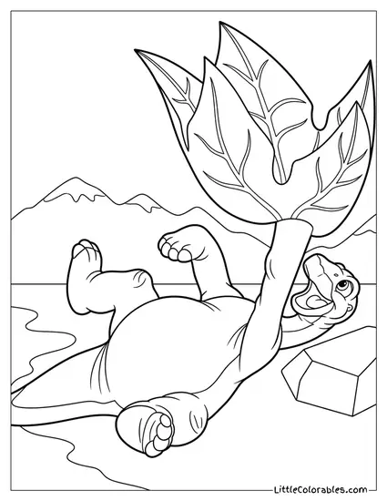 Littlefoot Lying On Back Holding Big Leaf Coloring Page
