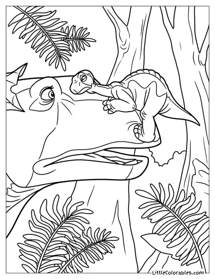 Littlefoot Resting On His Mothers Neck In Forest Coloring Page