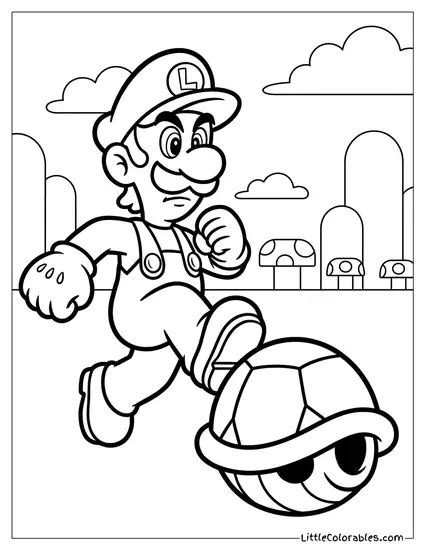 Luigi Aggressively Kicking Red Koopa Shell Coloring Page