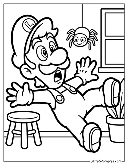 Luigi Falling Backward Spooked By Spider Coloring Page