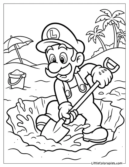 Luigi Frantically Digging Through Sand Confused Coloring Page