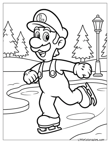 Luigi Gracefully Ice Skating Smiling Wide Coloring Page