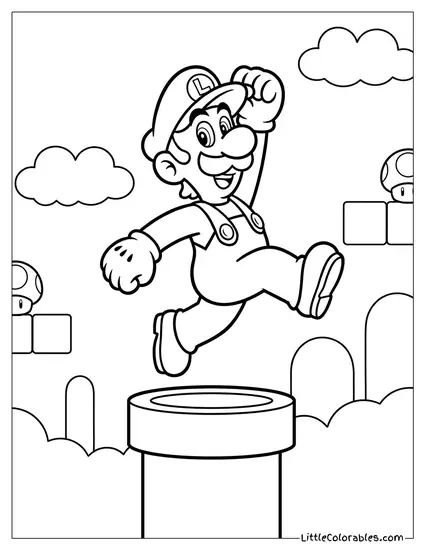 Luigi Gracefully Leaping Over Green Pipe Coloring Page