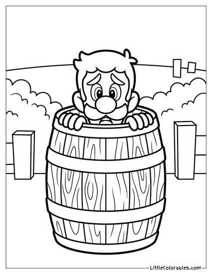 Luigi Hiding Inside Barrel Peeking Nervous Coloring Page