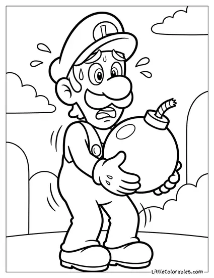 Luigi Holding Heavy Bomb Panicking Sweating Coloring Page