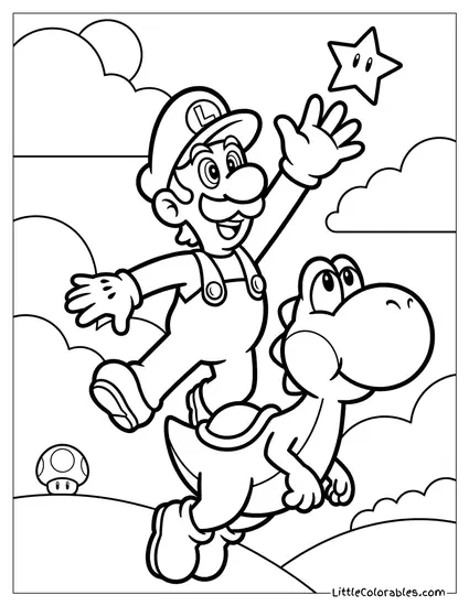 Luigi Leaping Off Yoshi Reaching High Coloring Page