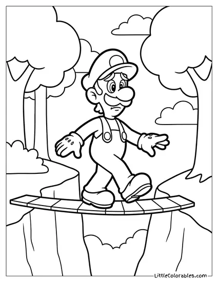 Luigi Nervously Balancing Across Narrow Bridge Coloring Page