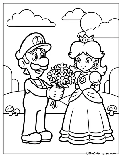 Luigi Nervously Offering Flower To Daisy Coloring Page