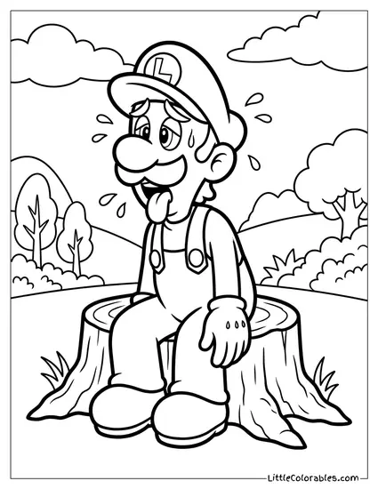 Luigi Panting Exhausted Resting On Stump Coloring Page