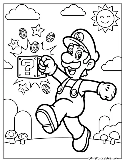Luigi Punching Coin Block Happy Jump Coloring Page