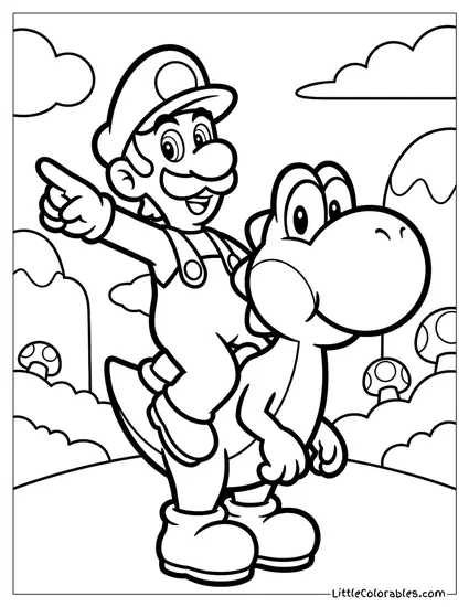 Luigi Riding Yoshi Pointing Forward Bravely Coloring Page