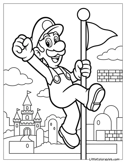 Luigi Triumphantly Sliding Down Level Flagpole Coloring Page