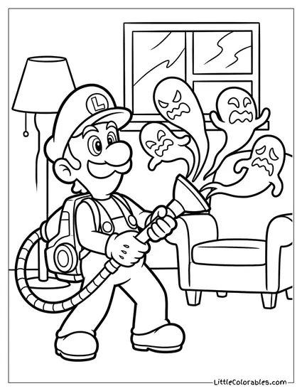 Luigi Vacuuming Up Ghosts Struggling Hard Coloring Page