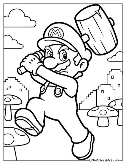 Mario Aggressively Swinging Huge Hammer Coloring Page