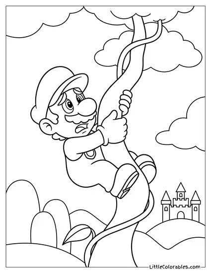 Mario Desperately Climbing Tall Beanstalk Coloring Page