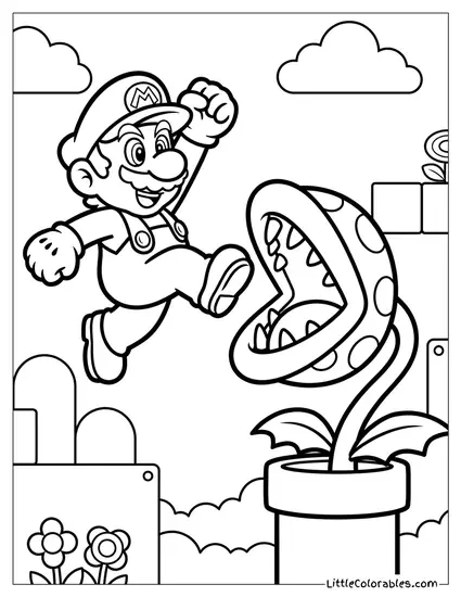 Mario Dodging Snapping Piranha Plant Coloring Page